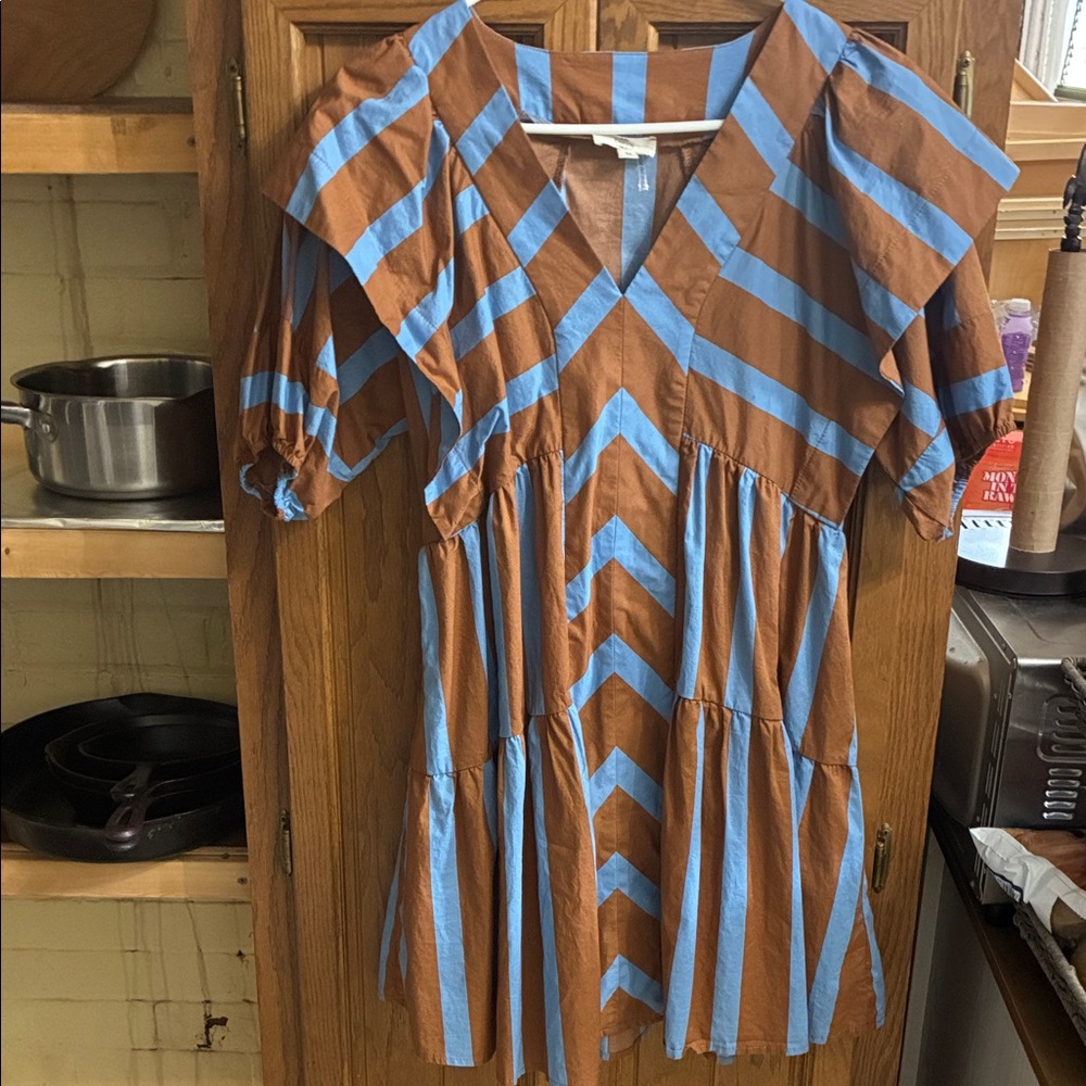 entro Brown and Light Blue Striped V-Neck Tiered Dress